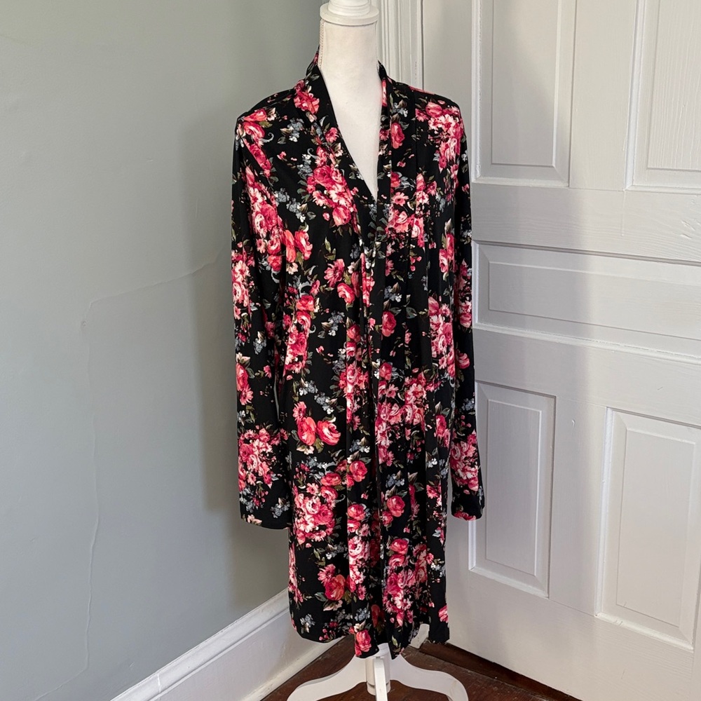 Reborn J Floral Black Pink Long Open Front Cardigan Plus Size Stretchy